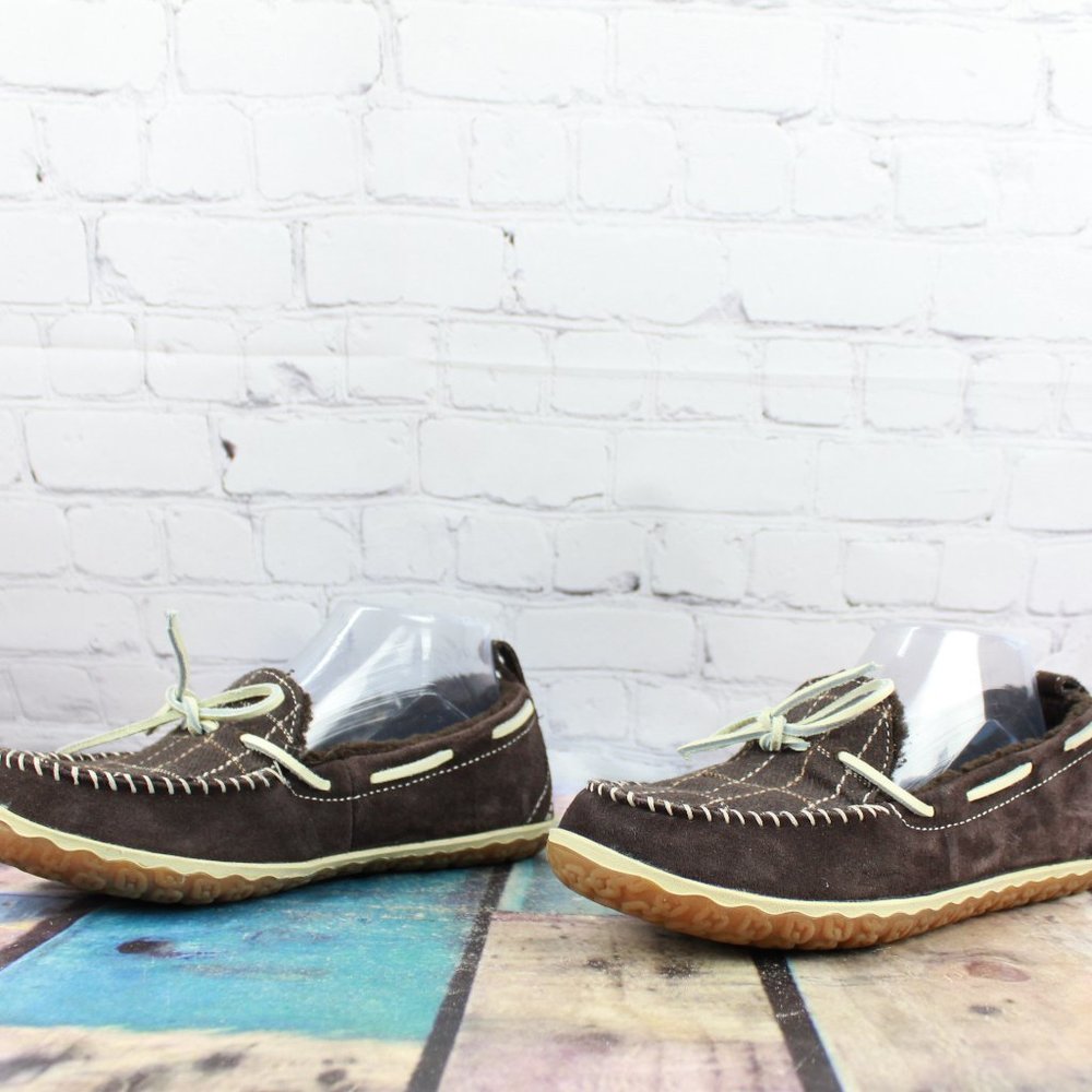 LL Bean One-Eye Plaid Soft Fleece Brown Suede Moc Mountain Slipper 8 M - Picture 2 of 8